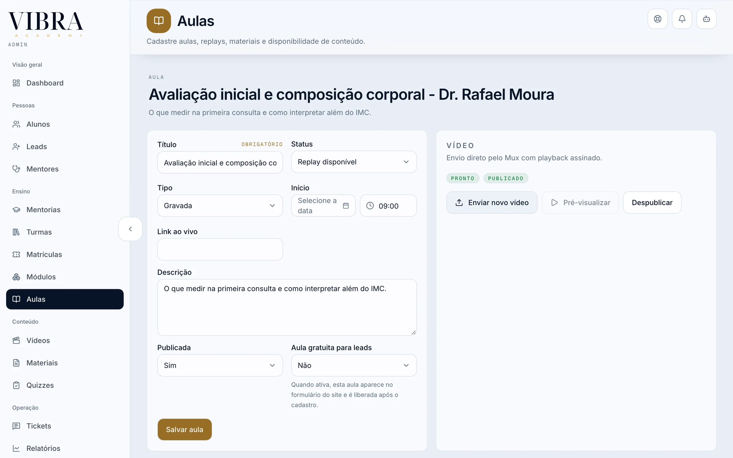Lesson editor: type, schedule, description, publish and free-lesson switches, and the video panel