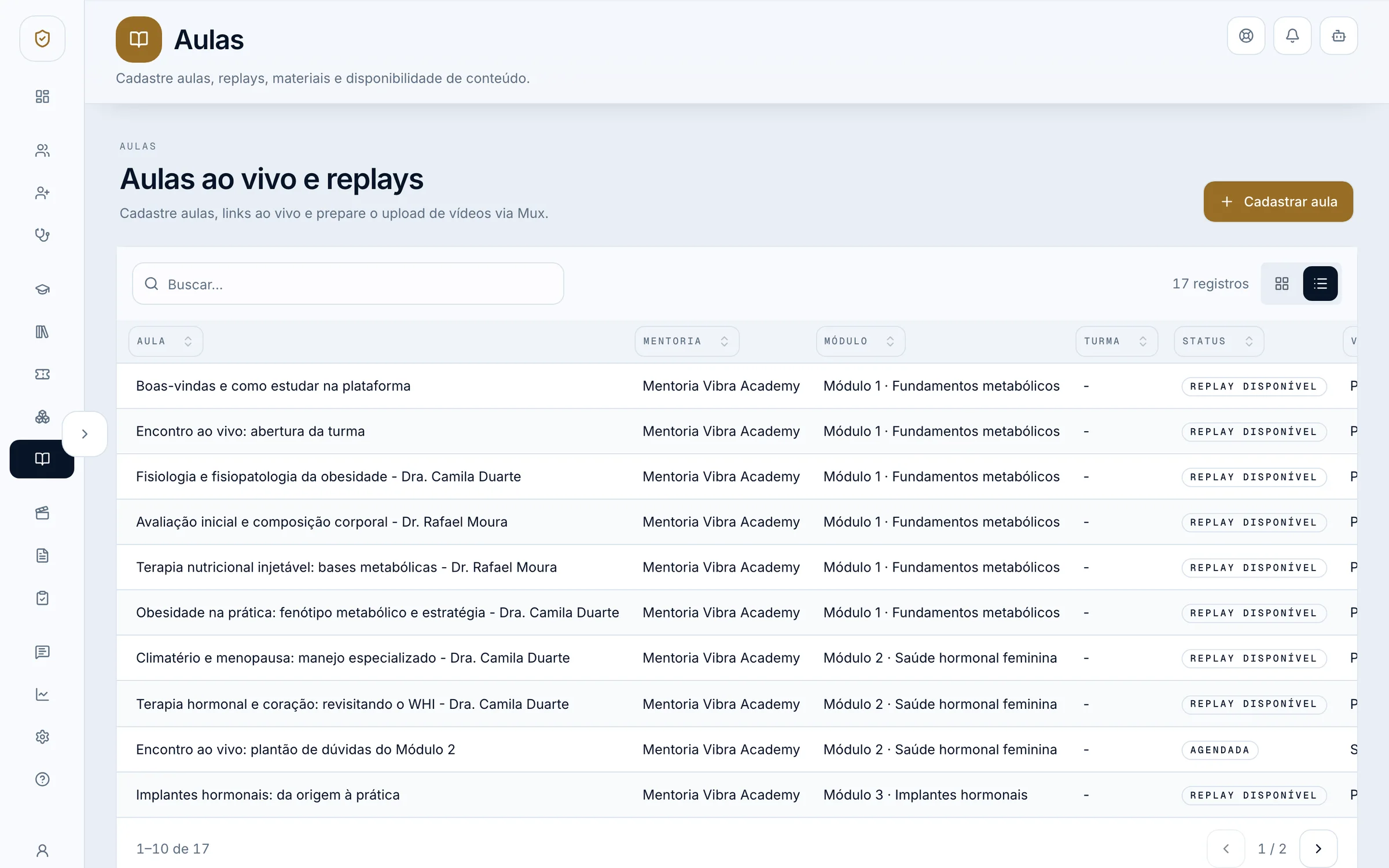 Lessons table: live sessions and replays with module and video status