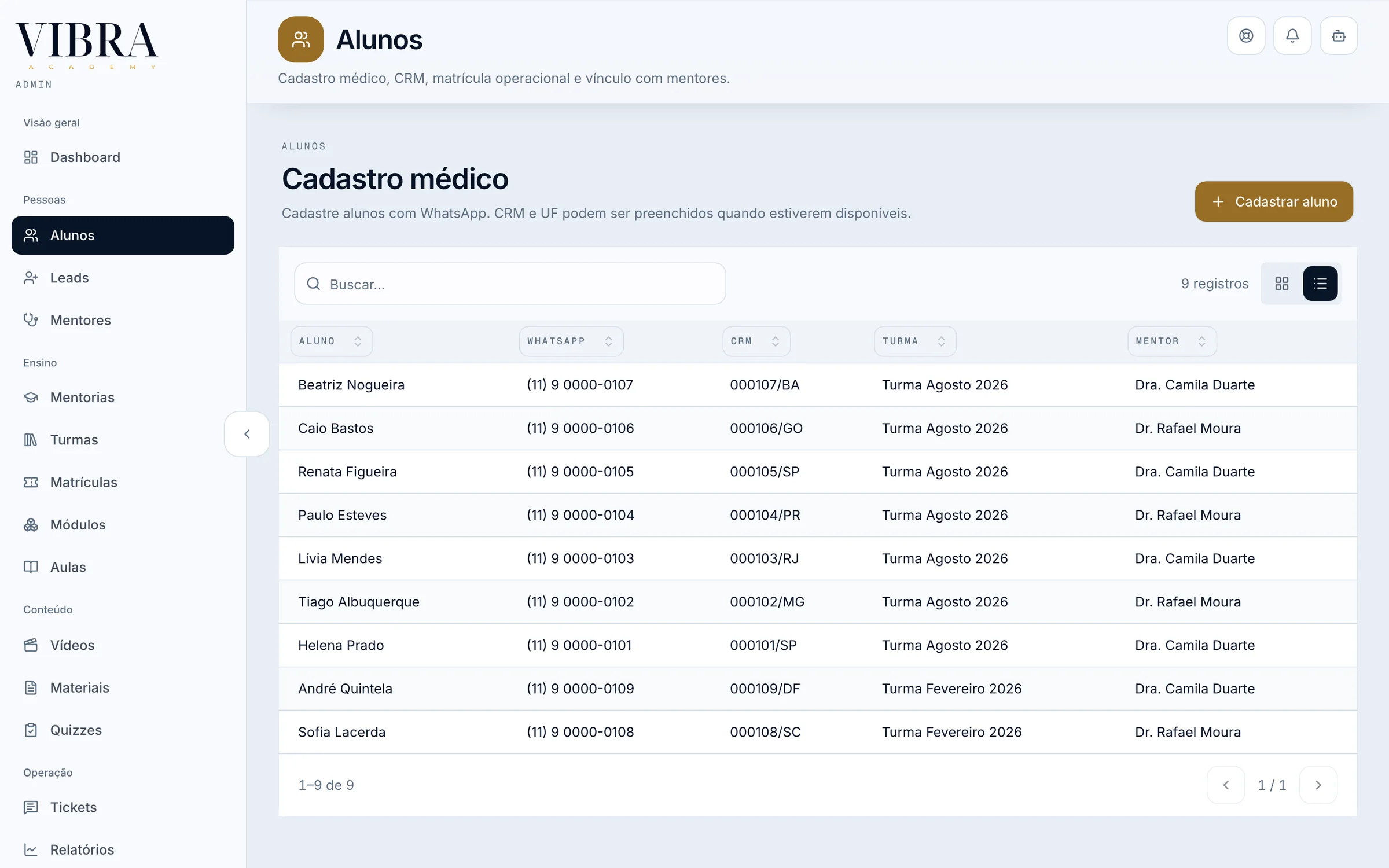 Students table: name, WhatsApp, CRM and state, cohort and mentor