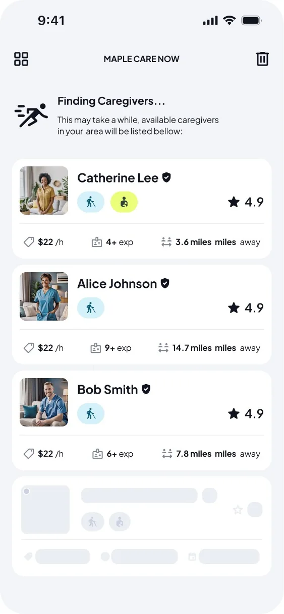 Care Now search with the first available caregivers listed