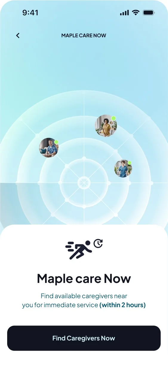 Care Now: a radar of nearby caregivers and the Find caregivers now button