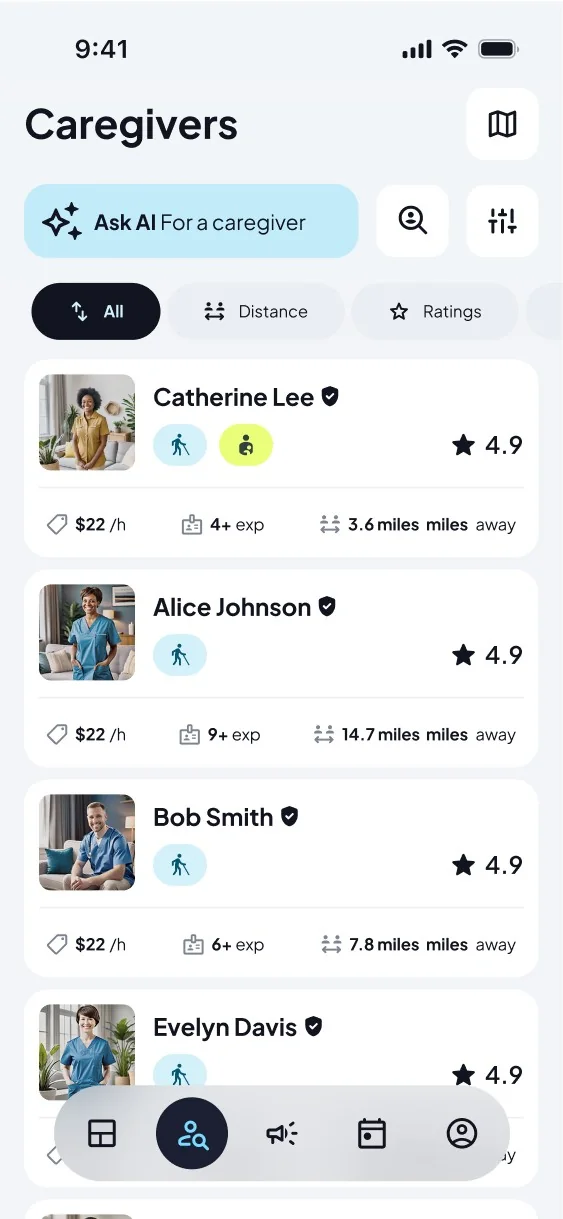 List of caregivers with verified badges, ratings, rates and distance