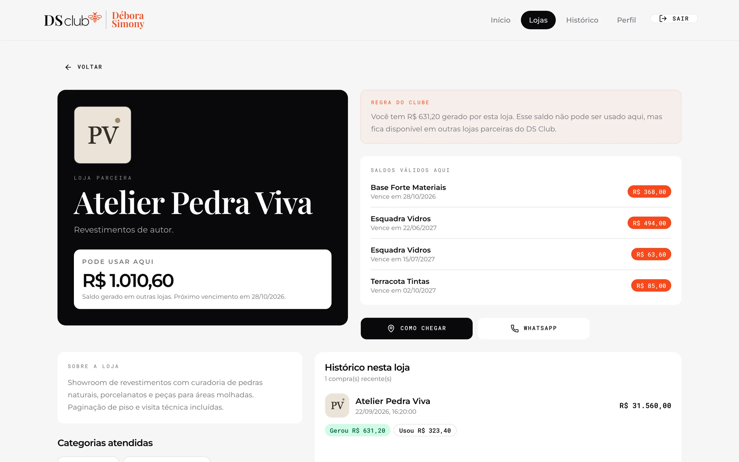 A partner store page showing what can be used there and the club’s rule