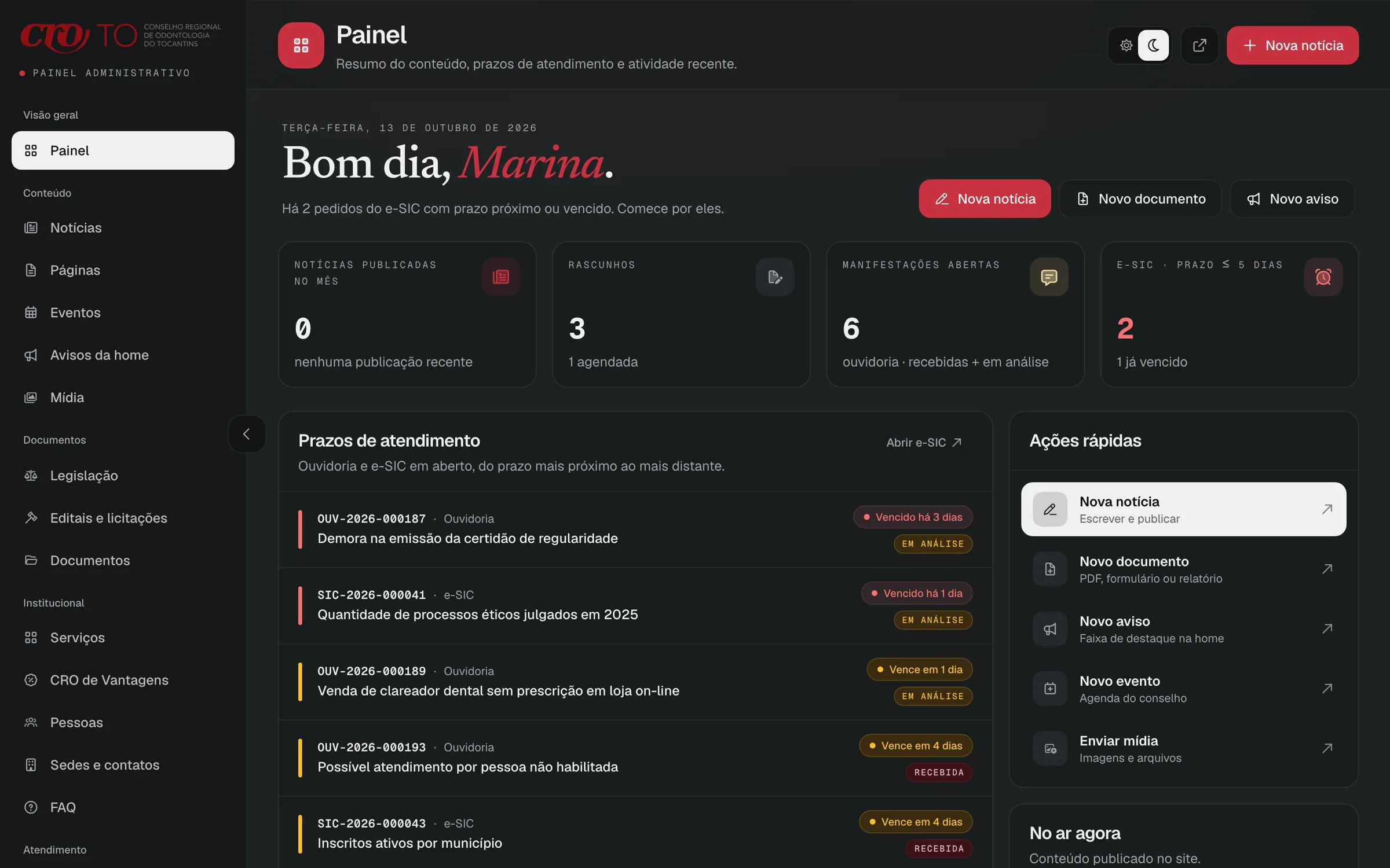 Admin dashboard in the graphite theme