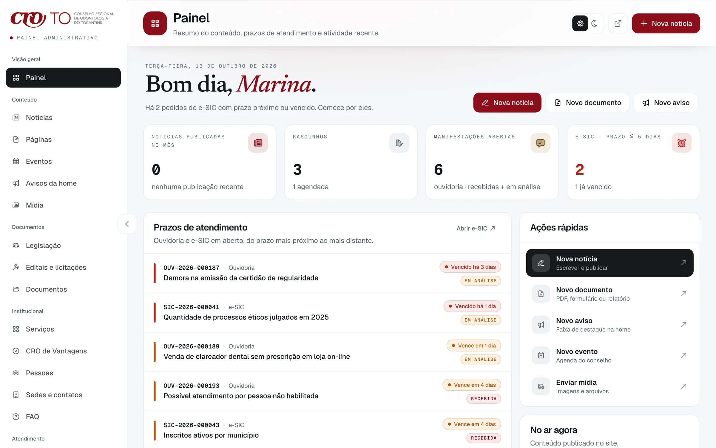 The admin dashboard