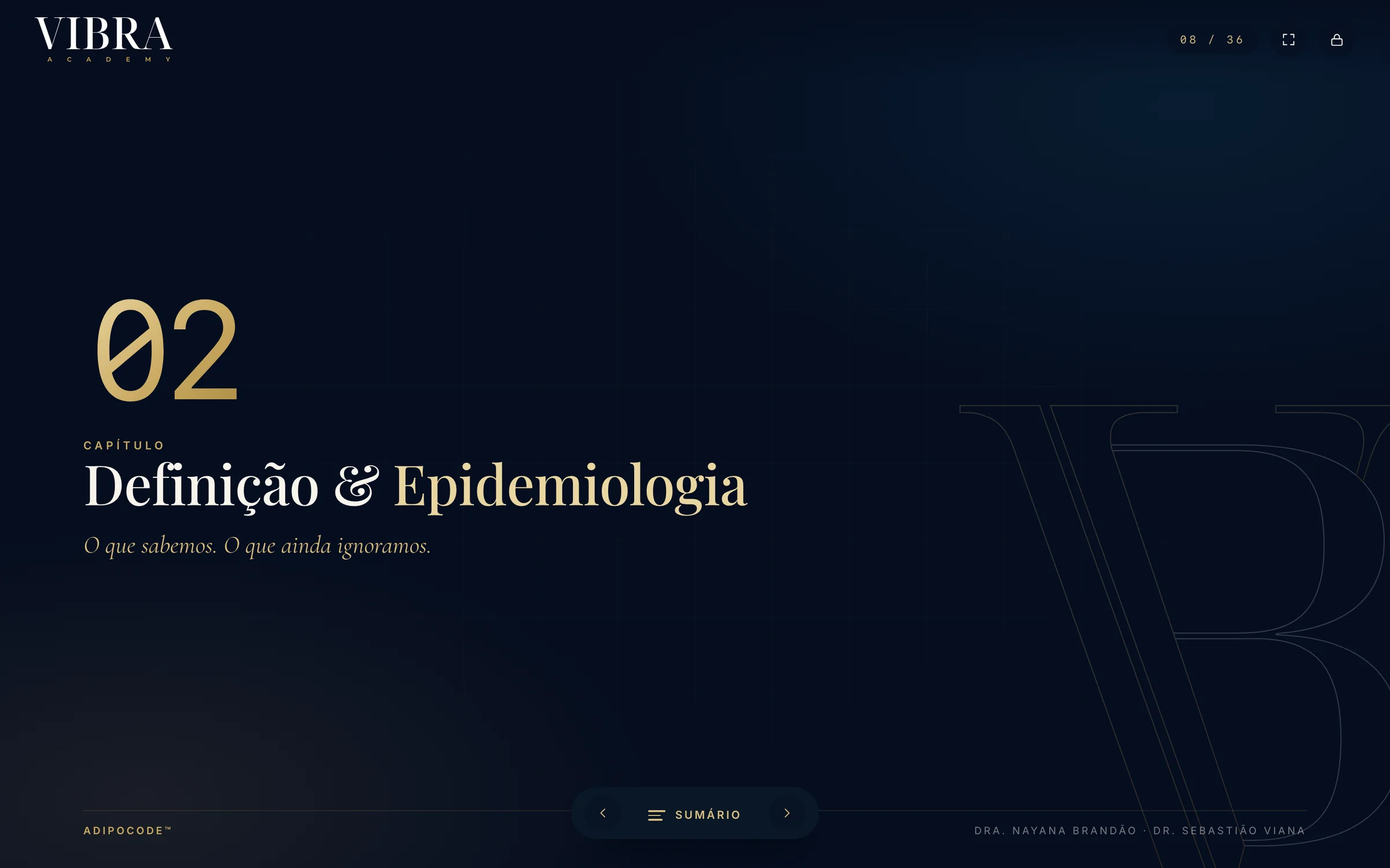 Chapter slide 8 of 36: Definição & Epidemiologia, on navy with the VB watermark