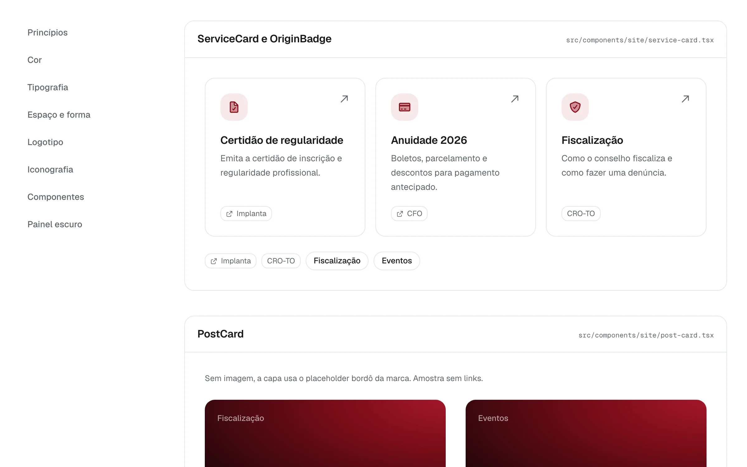 Service cards with origin badges, and news cards