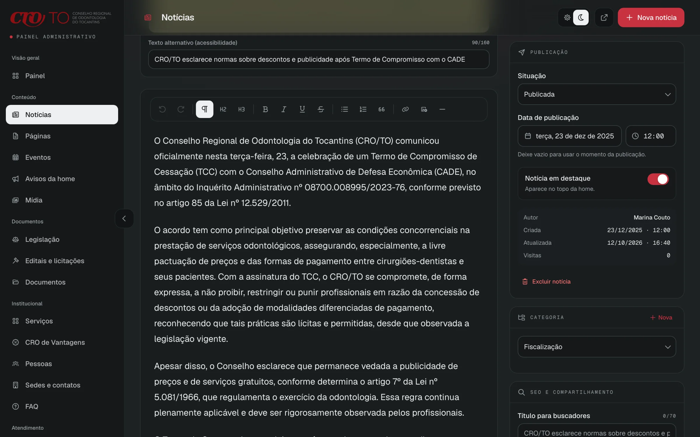 Rich text editor in the graphite theme
