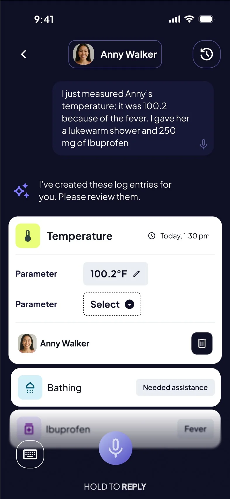 Entries Mei created from one spoken sentence: temperature, bathing and Ibuprofen, under the caregiver’s words