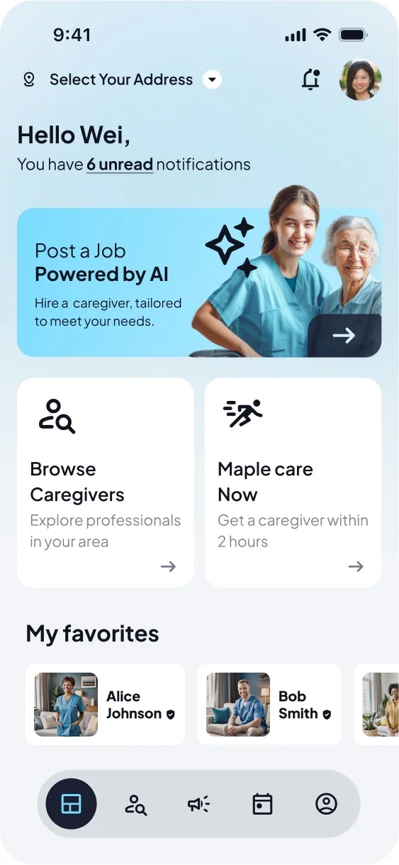 Maple Care home: post a job with AI, browse caregivers, Care Now and favorites