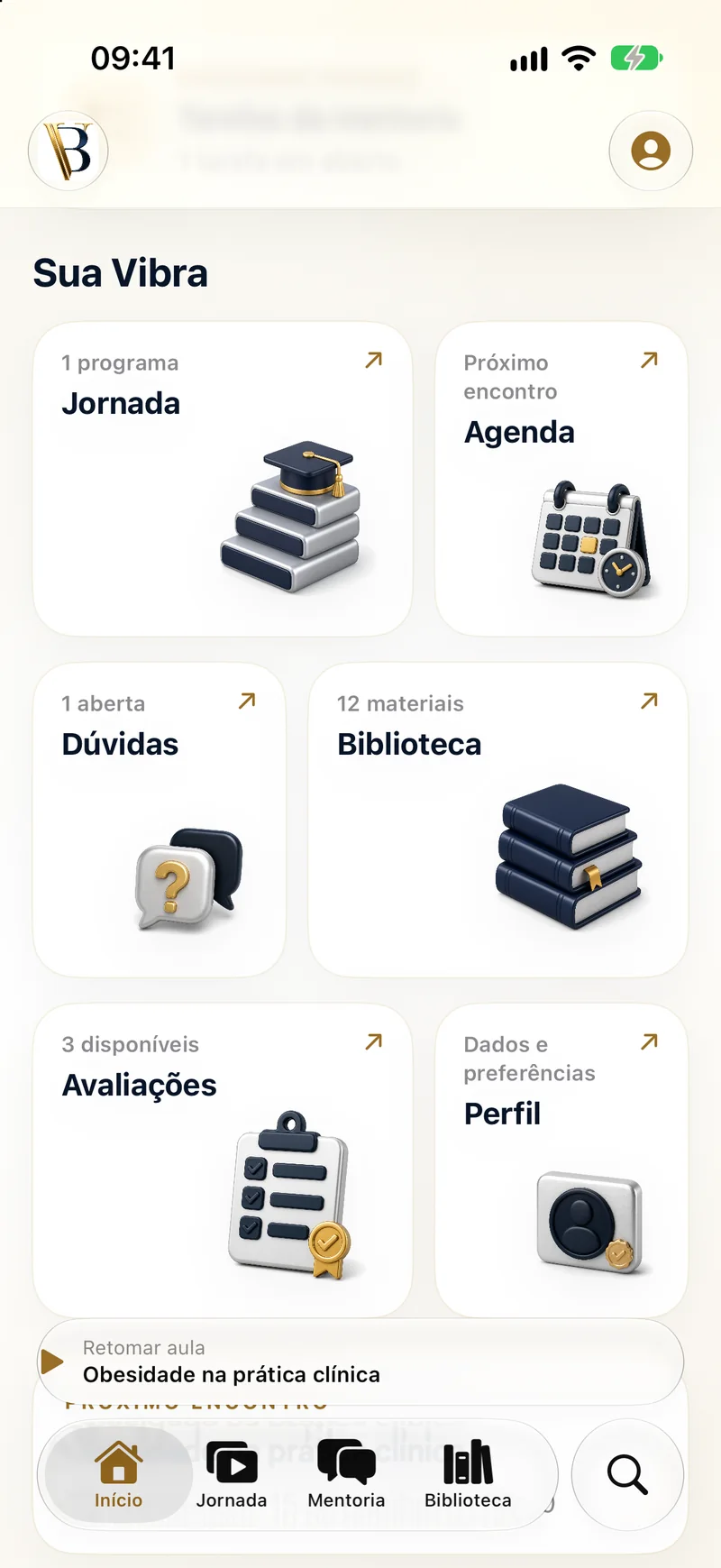 iPhone grid of areas with 3D icons and the resume-lesson bar above the tabs