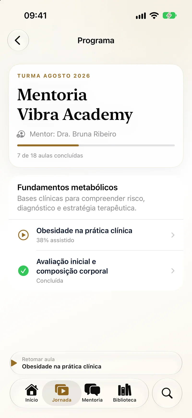 iPhone module page: lessons with their state and the one in progress at 38%