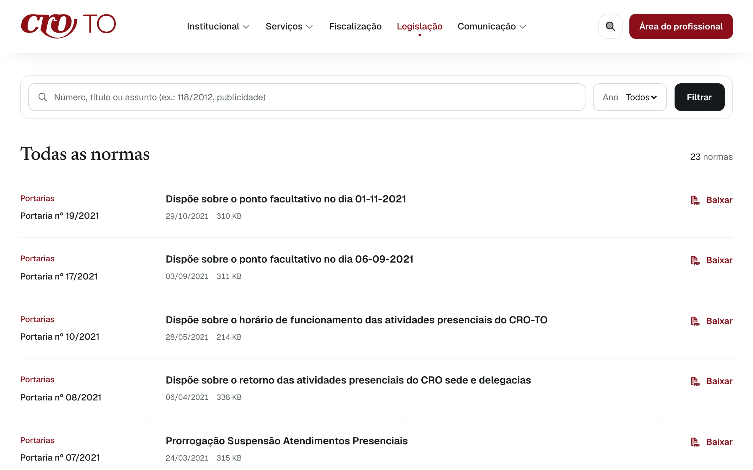 The legislation page on the public site
