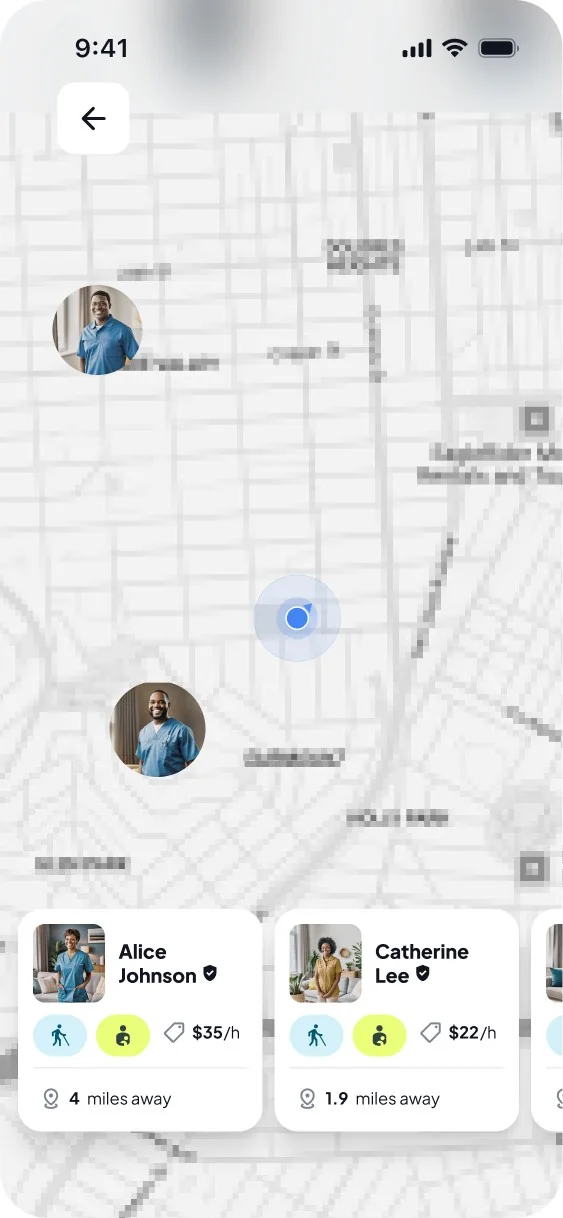 Map with caregivers near the family and two preview cards