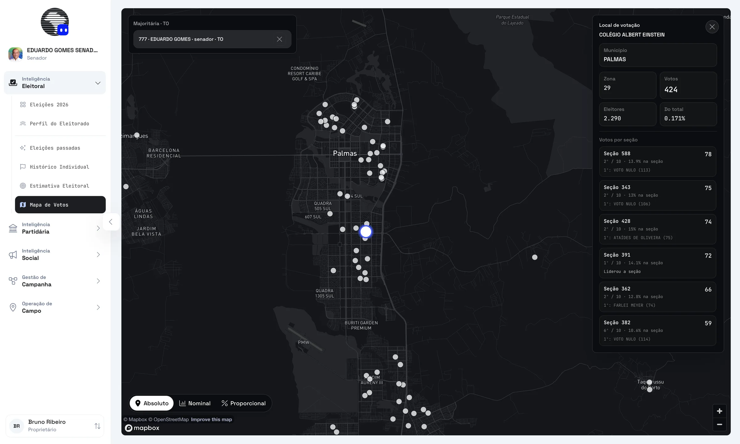Votes map zoomed into Palmas with a polling place open