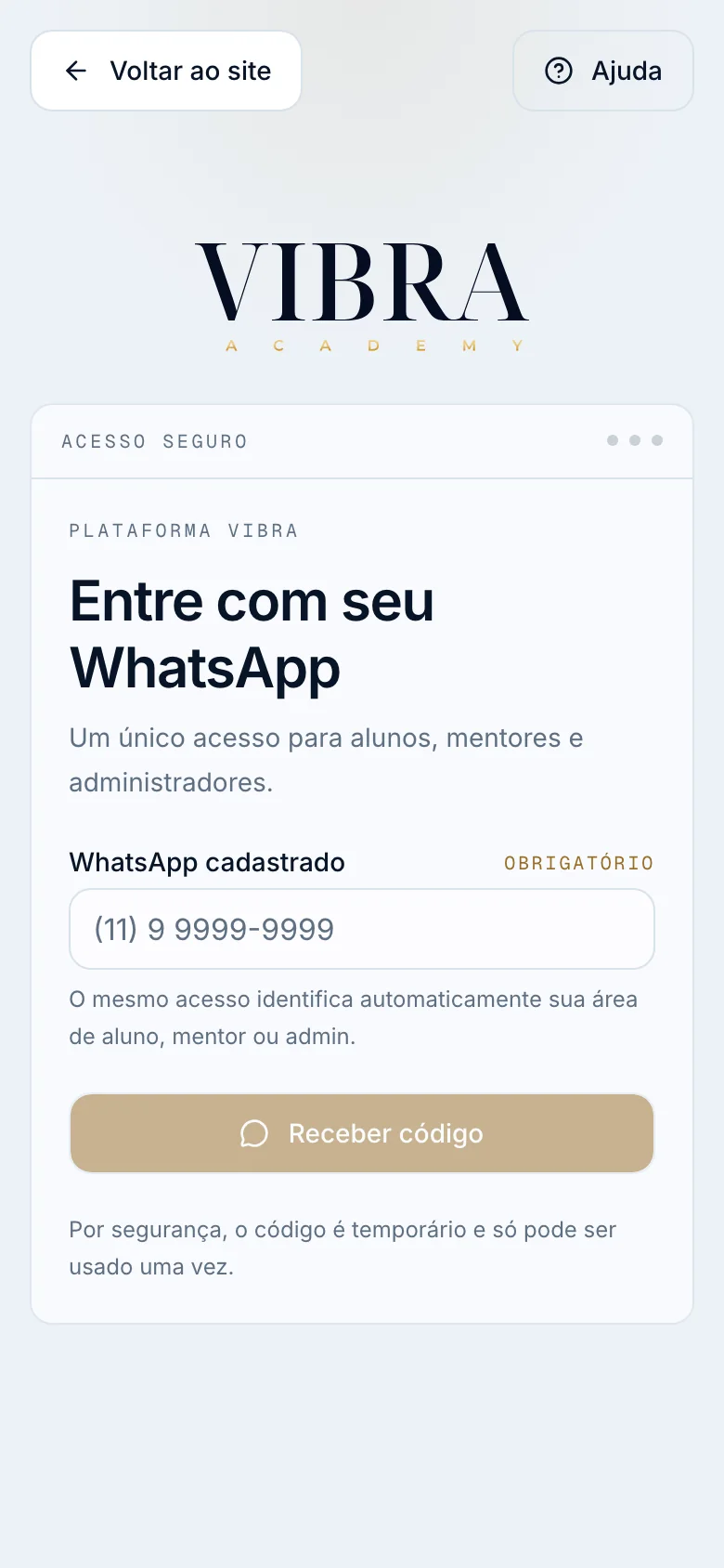 Platform sign-in on a phone: enter your WhatsApp to receive a code, one access for students, mentors and admins