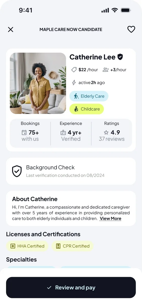 Caregiver profile: Catherine Lee, verified, with bookings, experience, ratings, background check and certifications