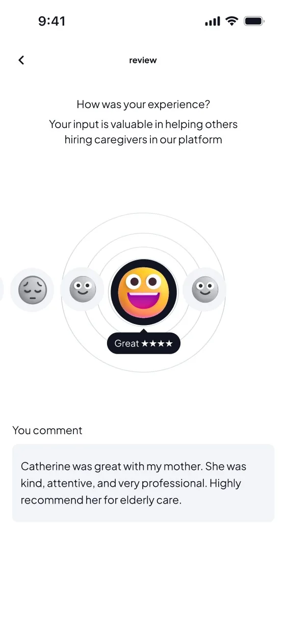 Review screen with a face rating and a comment