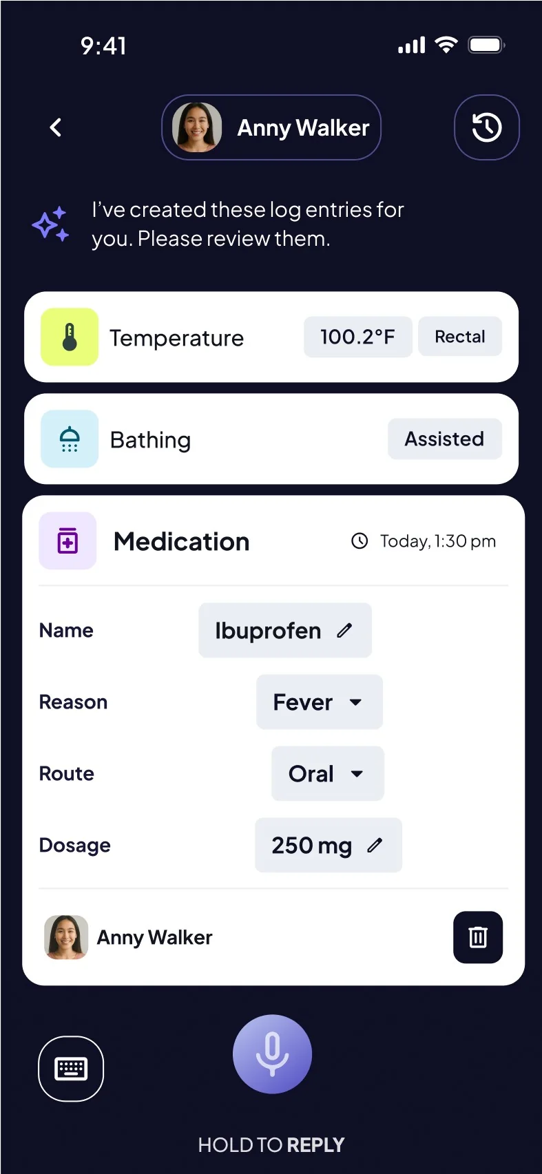 Review of the entries Mei created: temperature, bathing and an expanded Ibuprofen medication entry