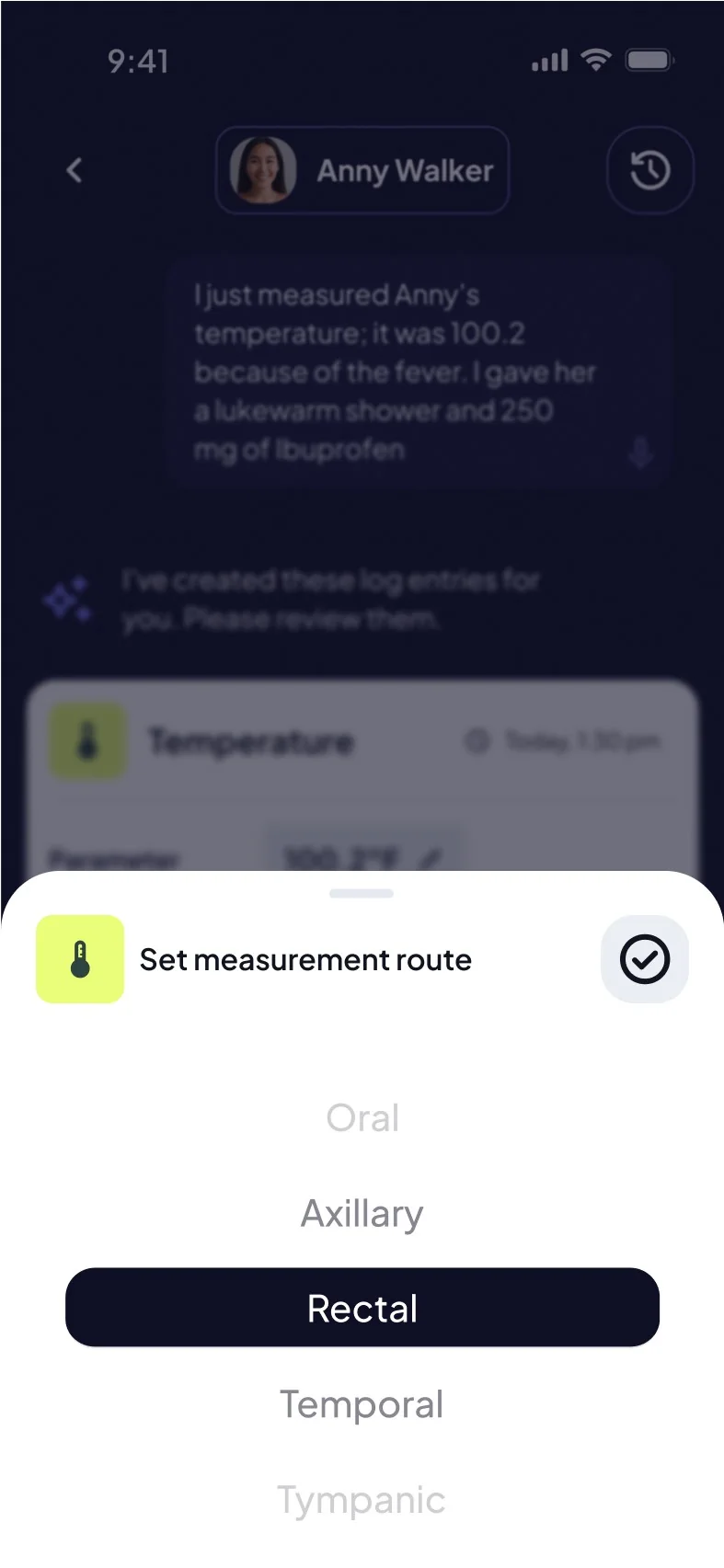 Measurement route picker with Rectal selected