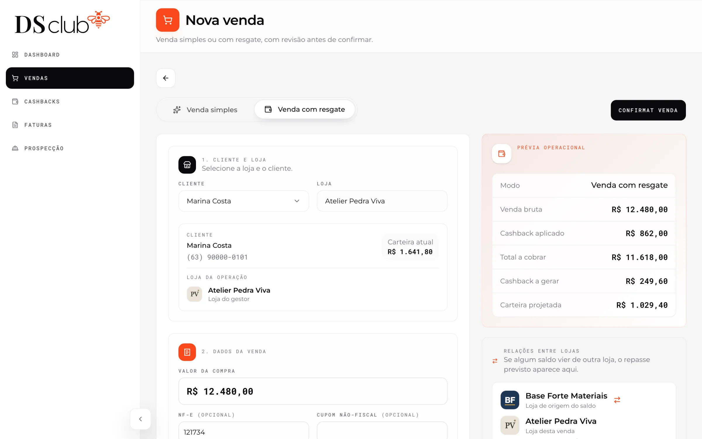 A new sale: client, store and the live preview