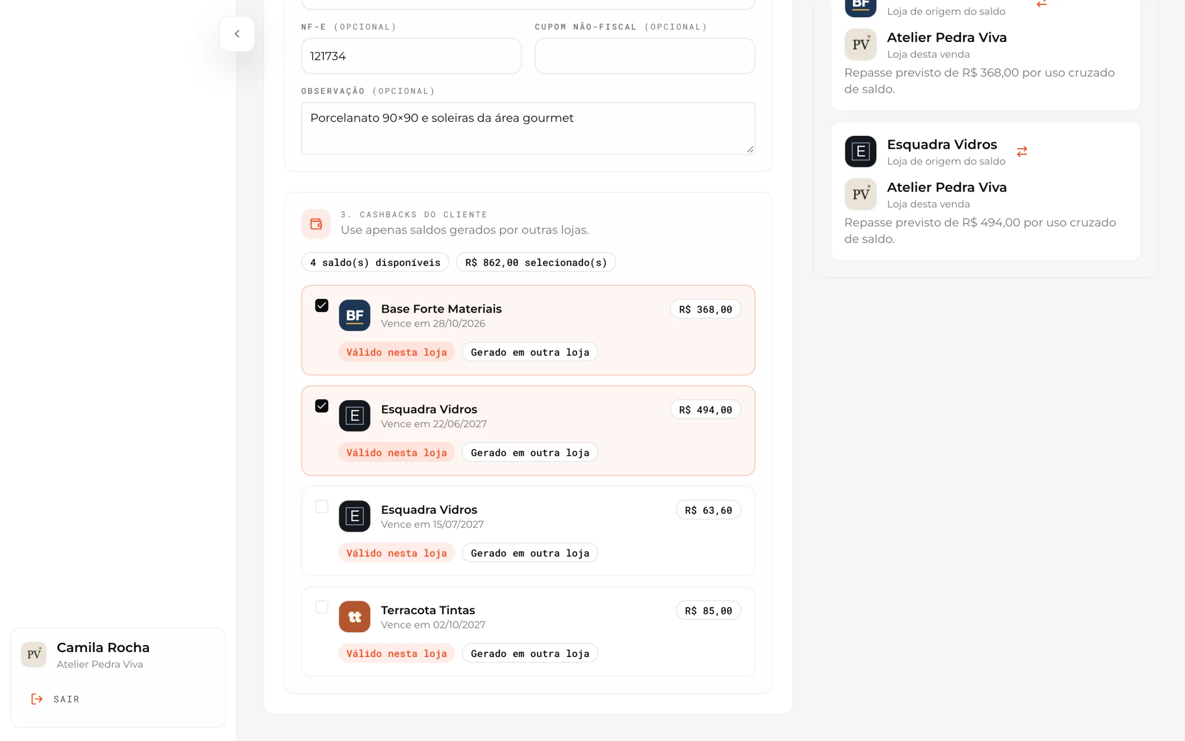 Cashback from other stores applied to the sale, with the transfers it will create
