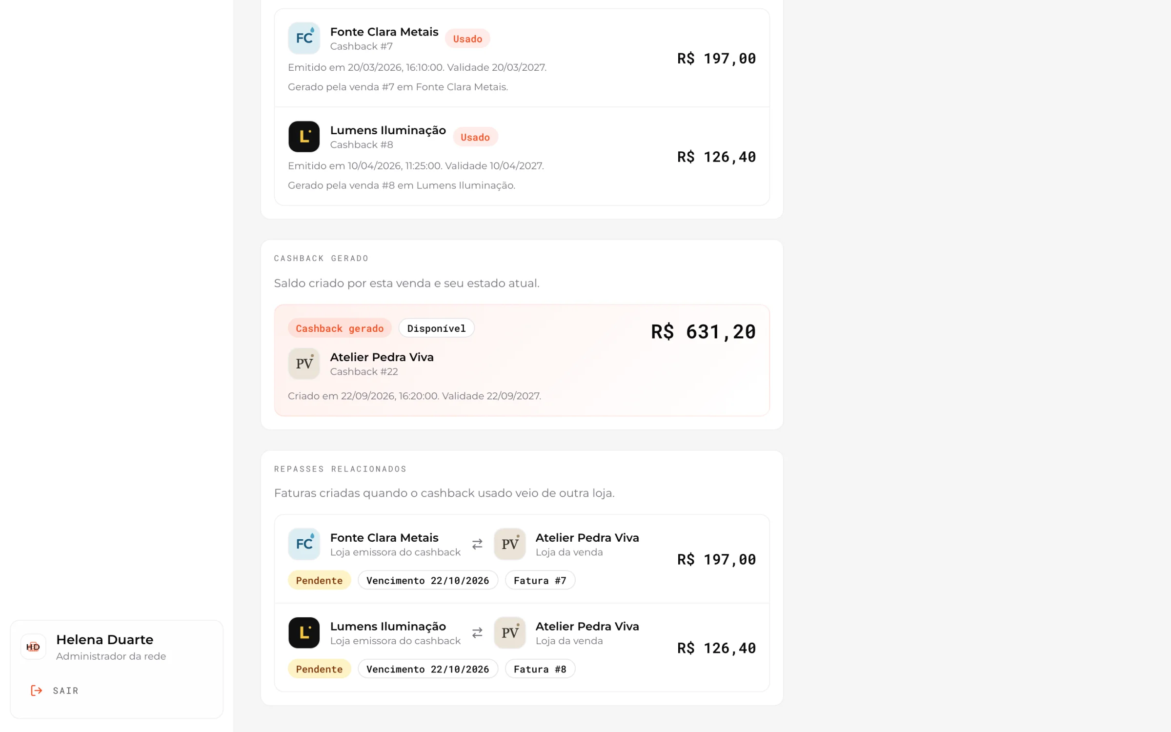 The cashback generated and the two invoices the sale created