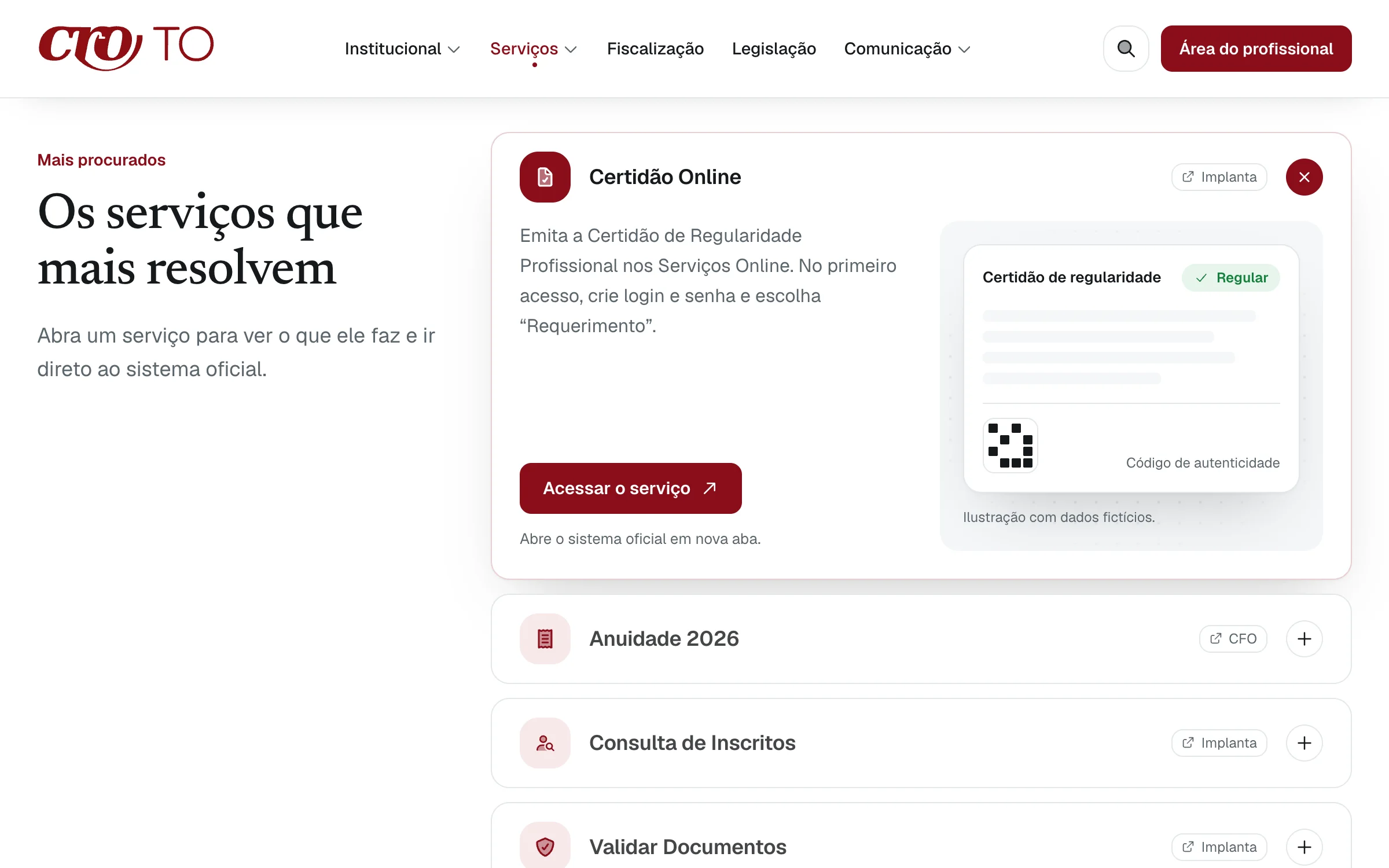 The most requested services, opened in place with a preview