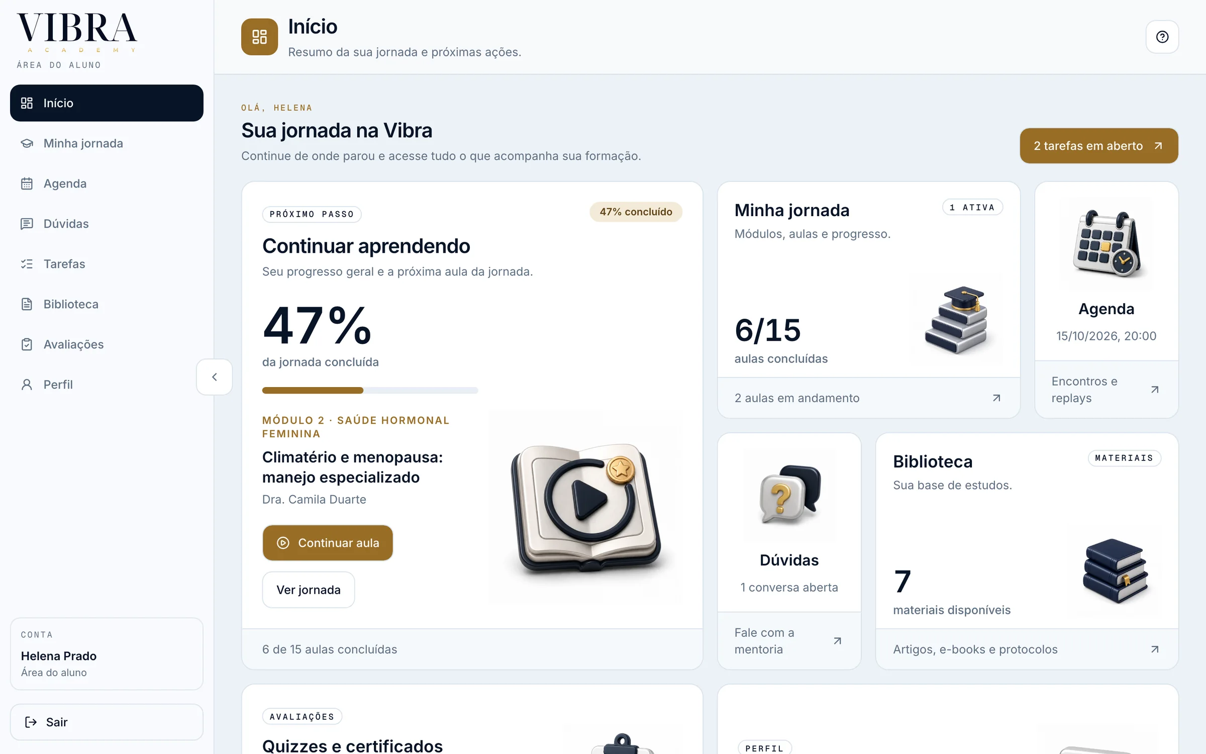The student dashboard on the web platform