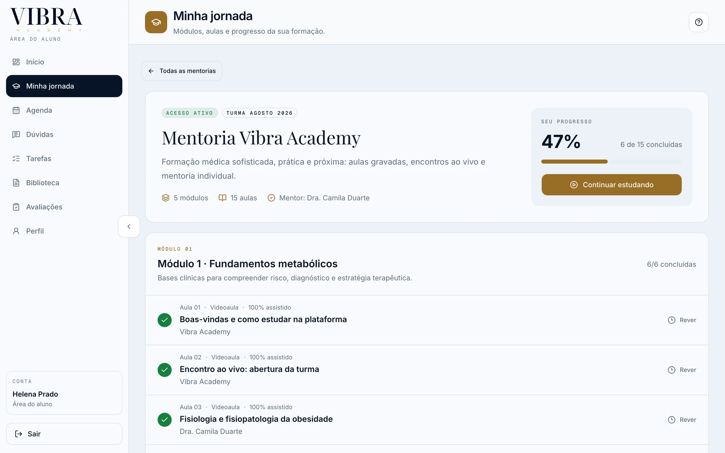 Web journey: the program with 47% progress and Module 1 lessons marked done
