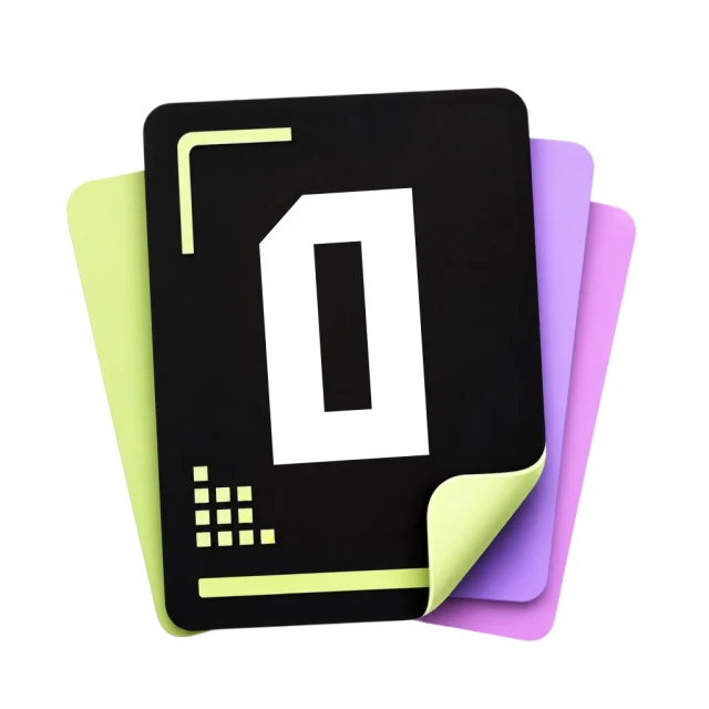 The shipped icon: a black sticker card with a bold O over pastel cards
