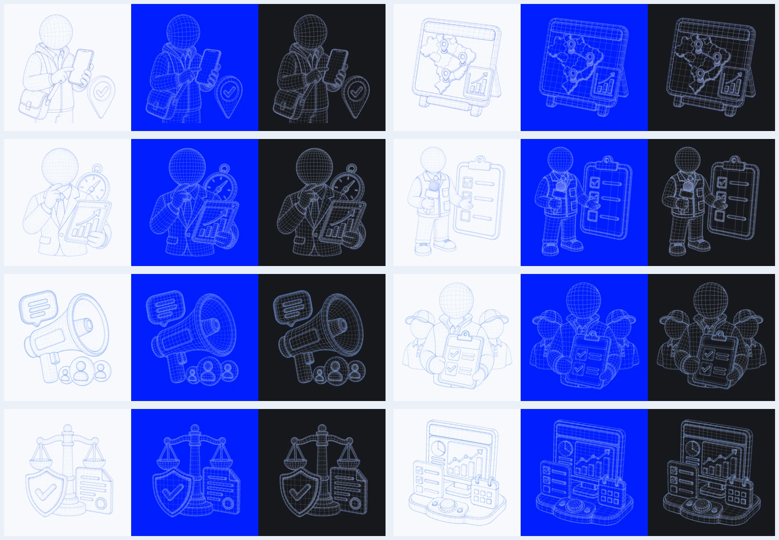 Wireframe icons for the campaign dashboard, each shown on a light, a brand blue and a dark surface