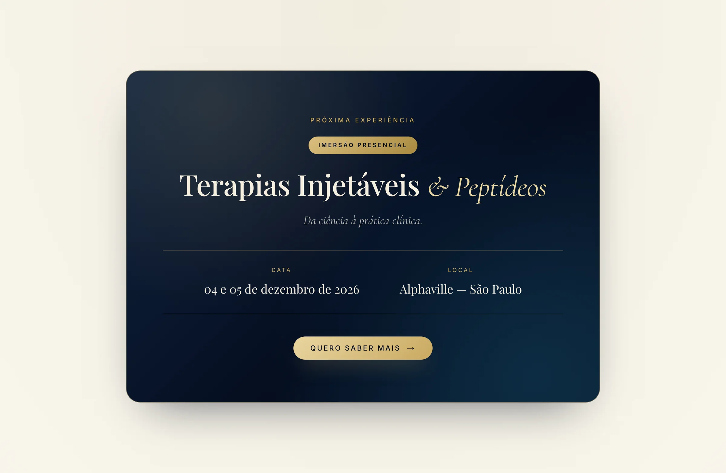 The site’s next event card: Terapias Injetáveis & Peptídeos, 4 and 5 December 2026, Alphaville