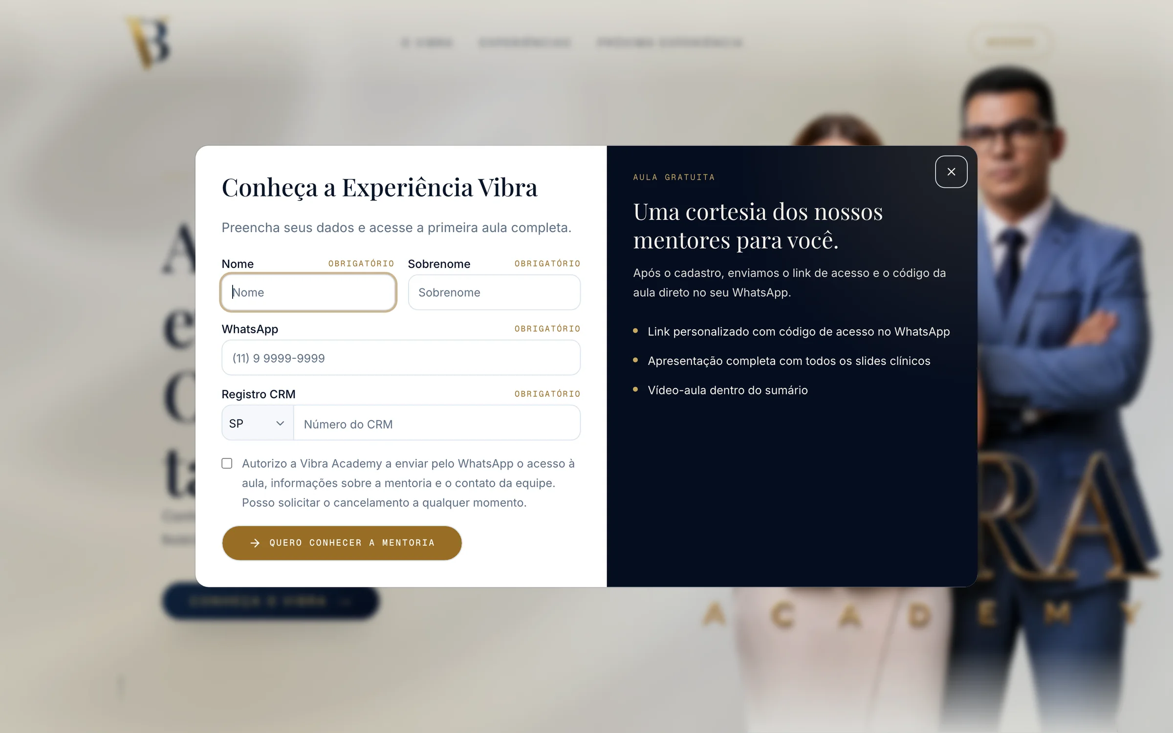 The free-lesson form over the site: name, WhatsApp, CRM and consent, beside a navy panel listing what the lead receives