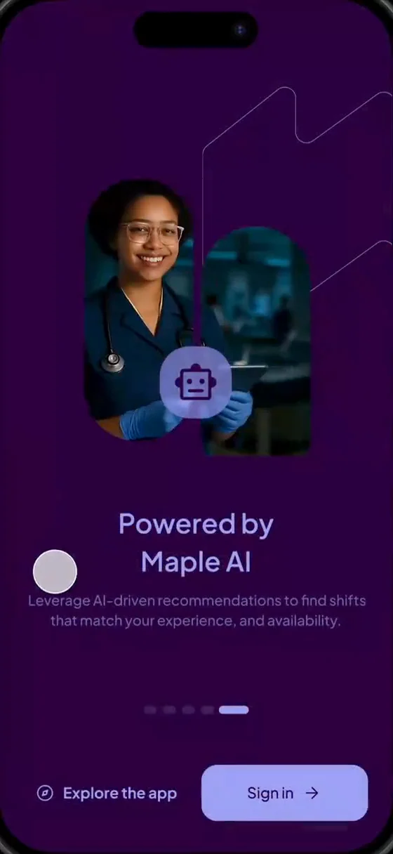 Onboarding slide: Powered by Maple AI, AI-driven recommendations to find shifts that match your experience and availability