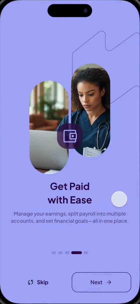 Onboarding slide: Get paid with ease, manage your earnings, split payroll into multiple accounts and set financial goals