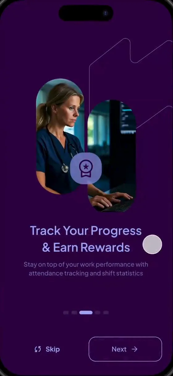 Onboarding slide: Track your progress and earn rewards, with attendance tracking and shift statistics