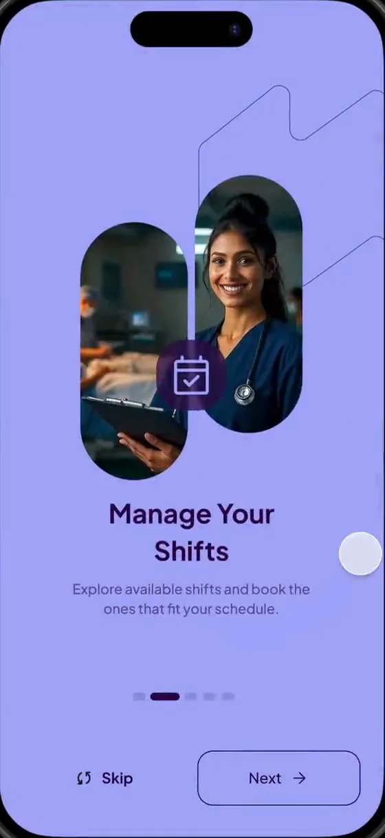 Onboarding slide: Manage your shifts, explore available shifts and book the ones that fit your schedule